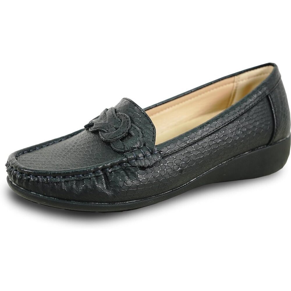 Women Black 6 Faux Leather Round Toe Removable Insole Wedge Slip-On Loafer